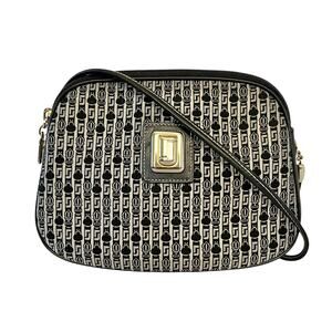 Judith Leiber Vintage Jacquard Logo Black Leather Trim Crossbody Evening Bag